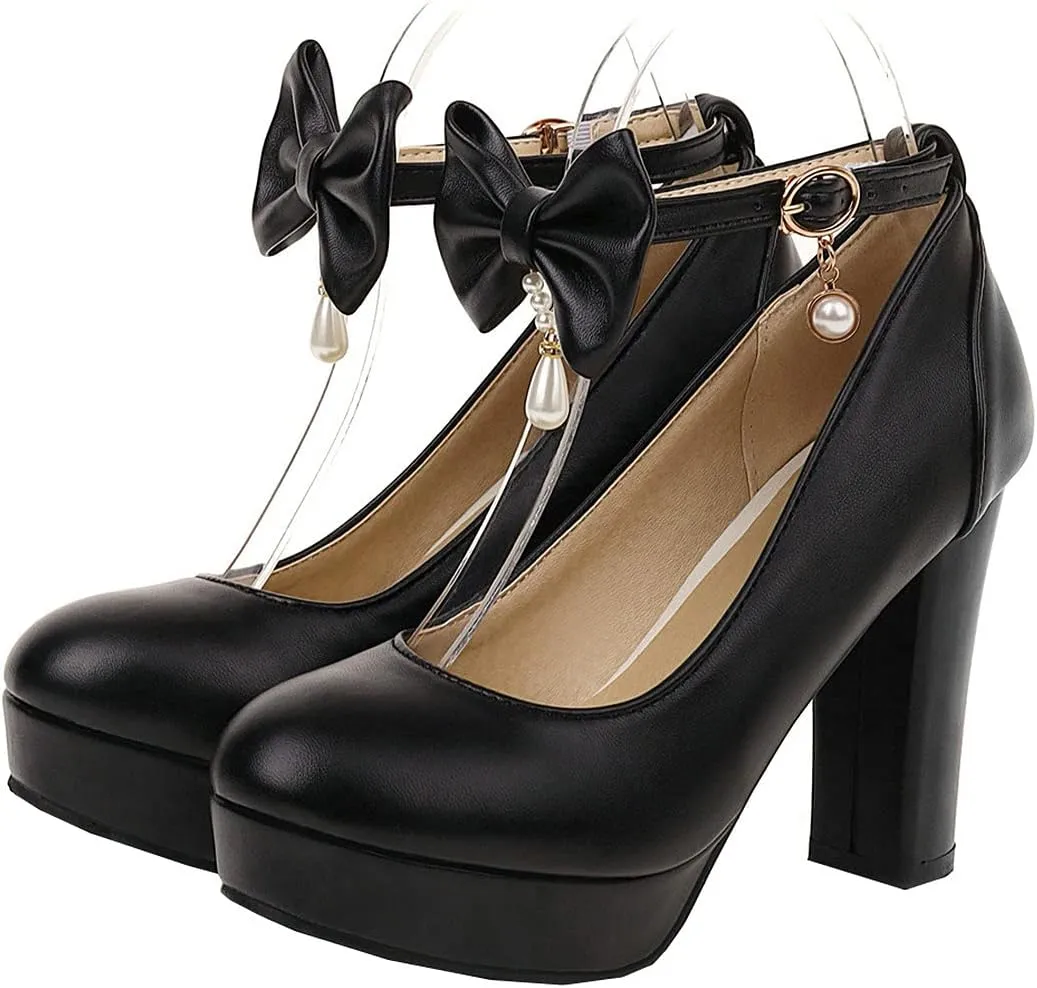 BEAUPAS Women's Platform High Heels Ankle Strap Chunky Heel Pumps Bows Buckle Cute Shoes