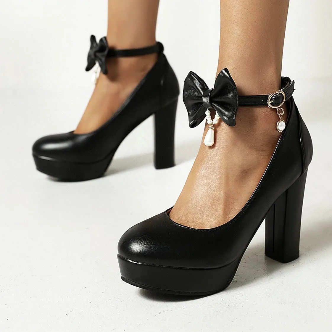BEAUPAS Women's Platform High Heels Ankle Strap Chunky Heel Pumps Bows Buckle Cute Shoes