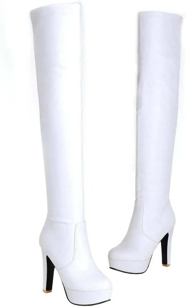 BEAUPAS Women's Platform Over The Knee Boots Chunky High Heel Thigh High Boots Block Heel Round Toe Gothic Shoes