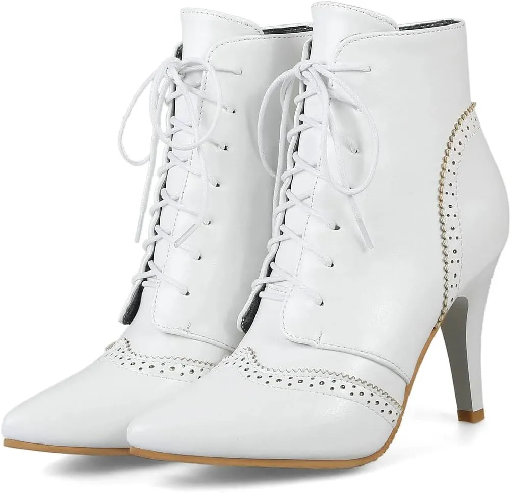 BEAUPAS Women's Stiletto Ankle Boots Pointed Toe Lace Up High Heel Ankle Booties Shoes