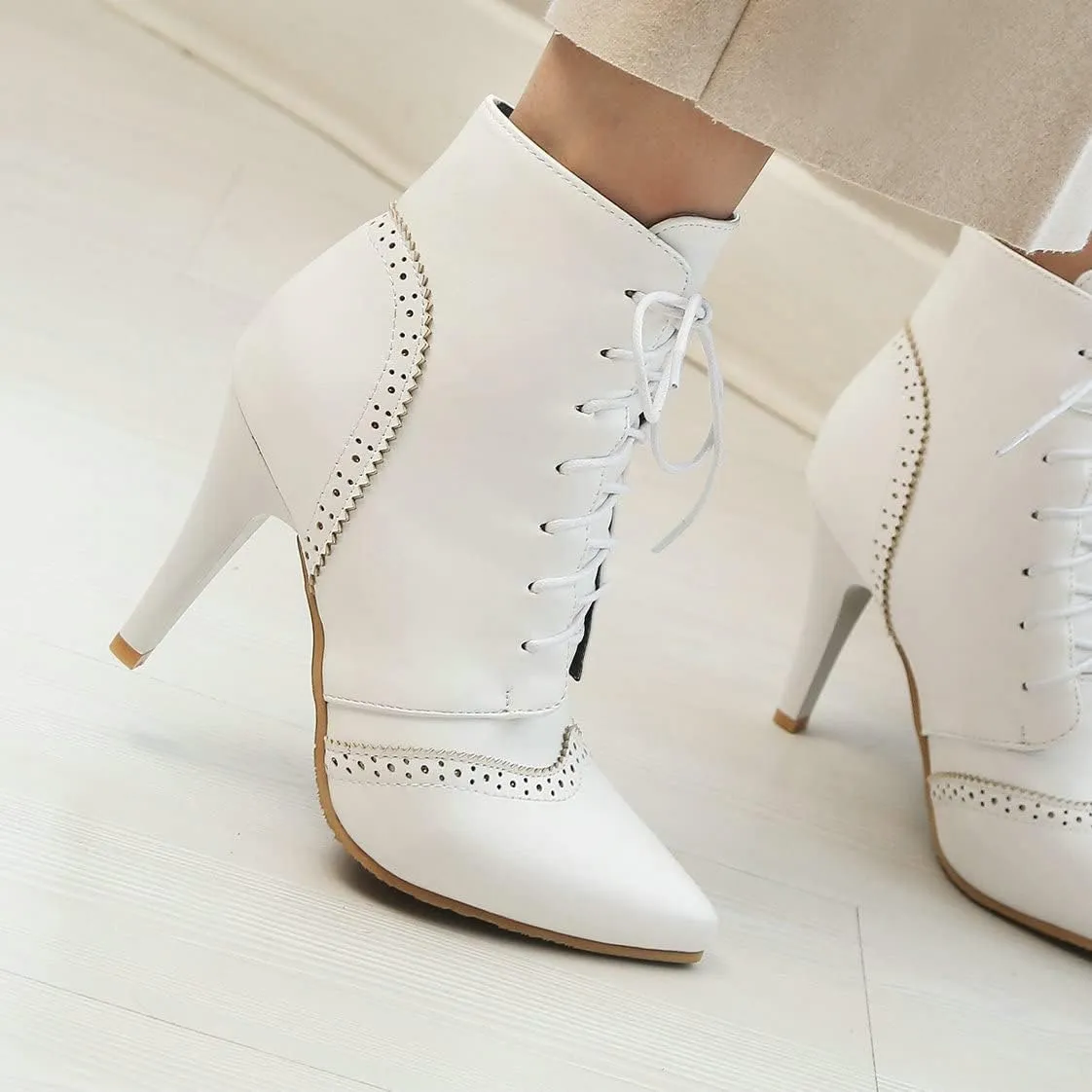 BEAUPAS Women's Stiletto Ankle Boots Pointed Toe Lace Up High Heel Ankle Booties Shoes
