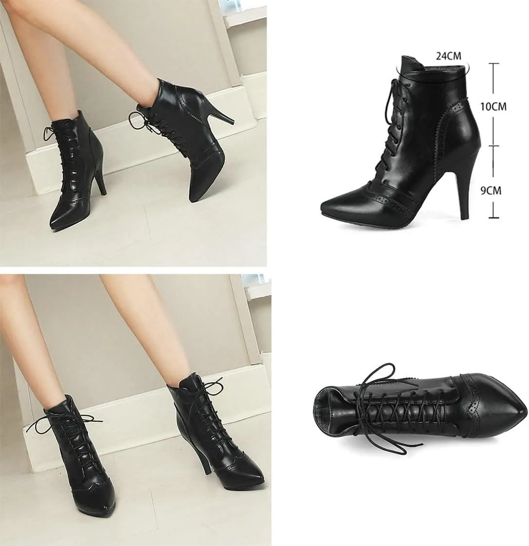BEAUPAS Women's Stiletto Ankle Boots Pointed Toe Lace Up High Heel Ankle Booties Shoes