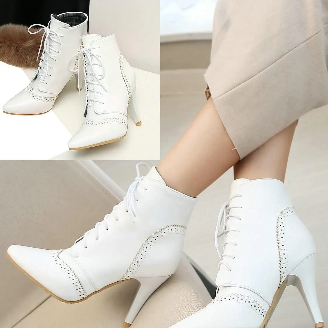 BEAUPAS Women's Stiletto Ankle Boots Pointed Toe Lace Up High Heel Ankle Booties Shoes