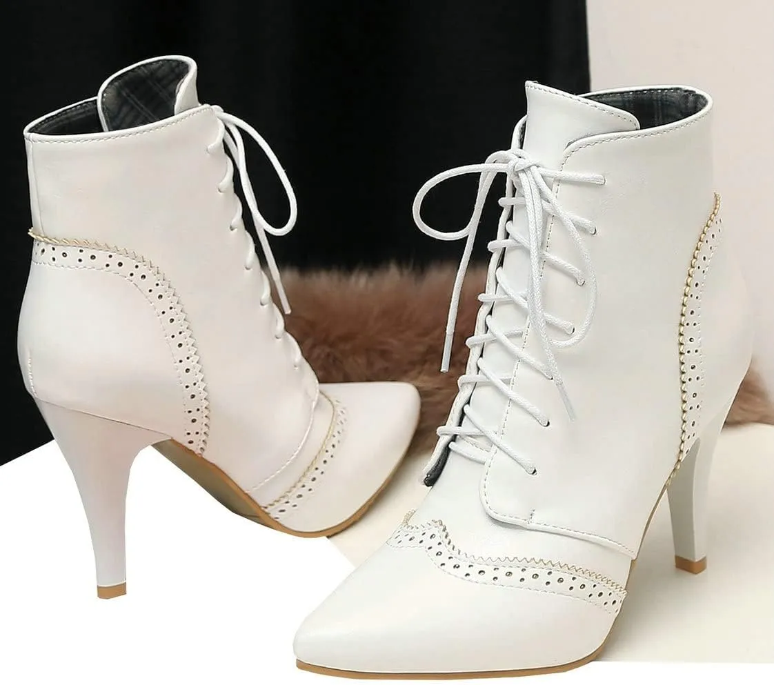 BEAUPAS Women's Stiletto Ankle Boots Pointed Toe Lace Up High Heel Ankle Booties Shoes