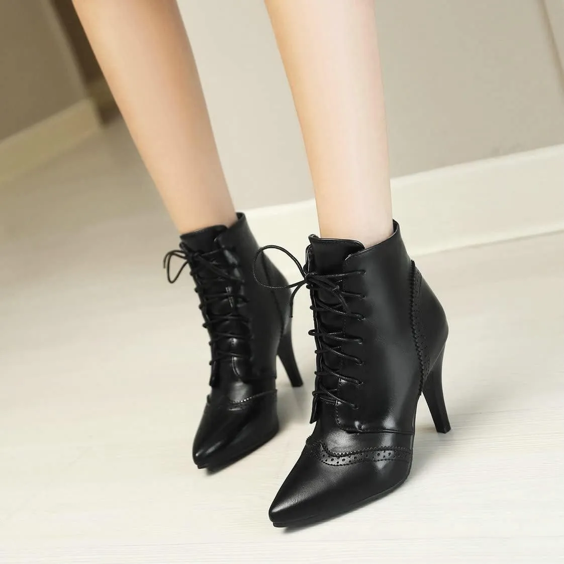 BEAUPAS Women's Stiletto Ankle Boots Pointed Toe Lace Up High Heel Ankle Booties Shoes
