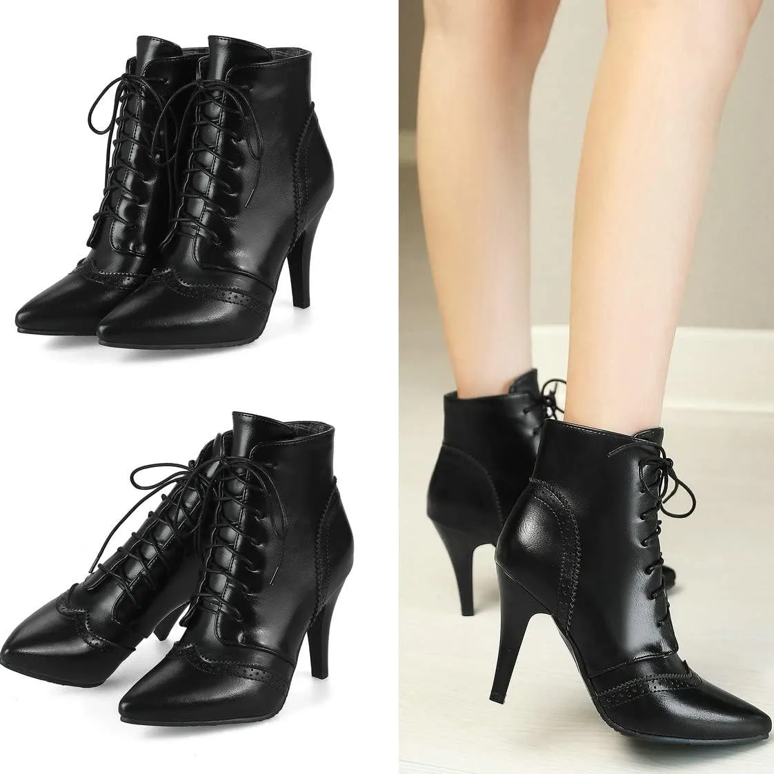 BEAUPAS Women's Stiletto Ankle Boots Pointed Toe Lace Up High Heel Ankle Booties Shoes