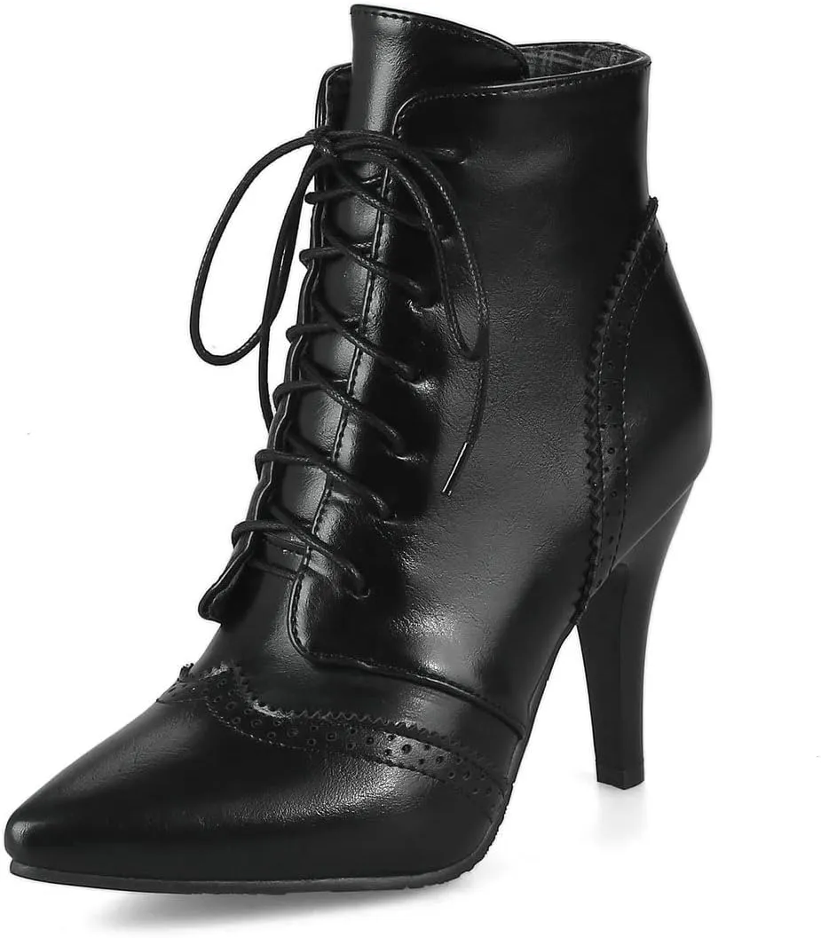 BEAUPAS Women's Stiletto Ankle Boots Pointed Toe Lace Up High Heel Ankle Booties Shoes