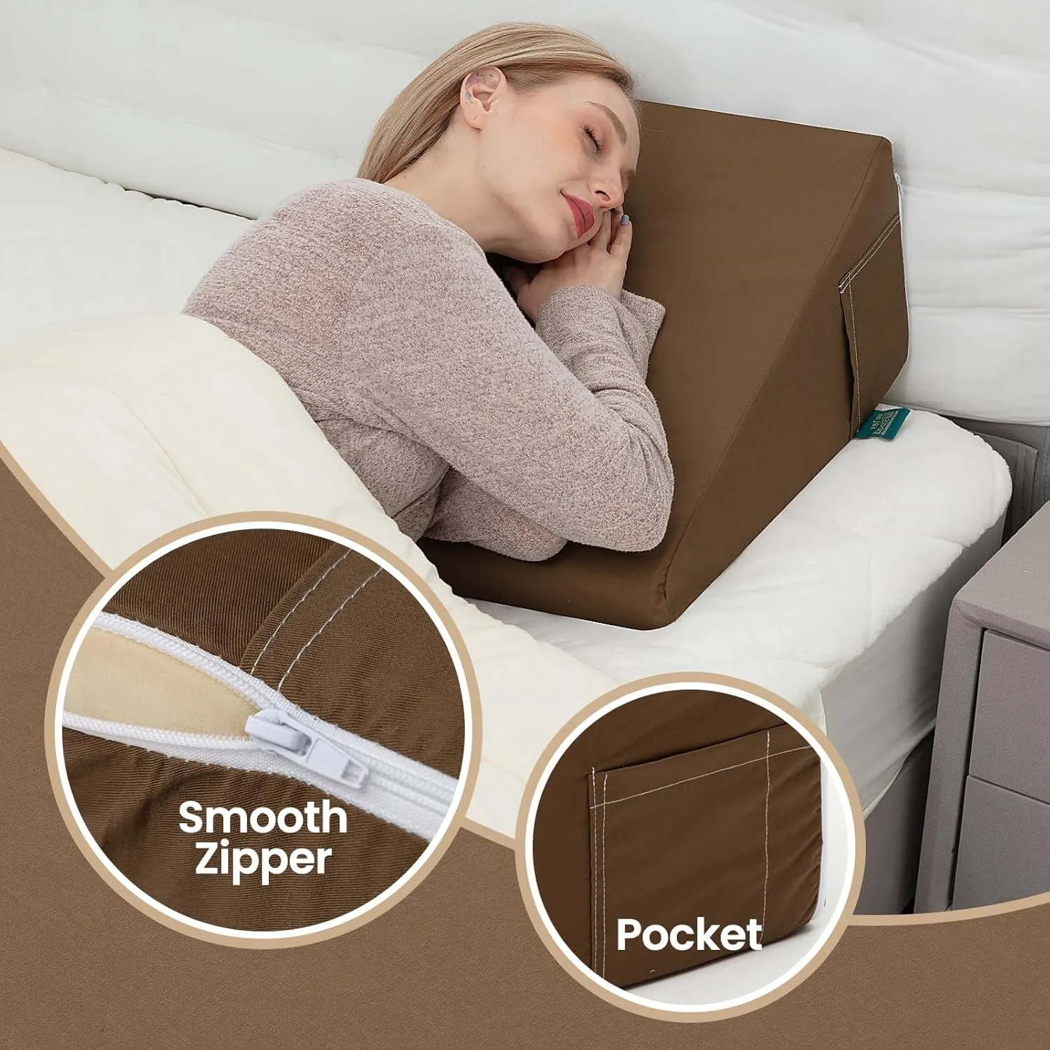 Bed Wedge Pillow Cover Silky & Smooth Wedge Pillowcase, Soft & Breathable, Removable & Machine Washable-Zipper Design (Khaki, 24"x24"x7.5")