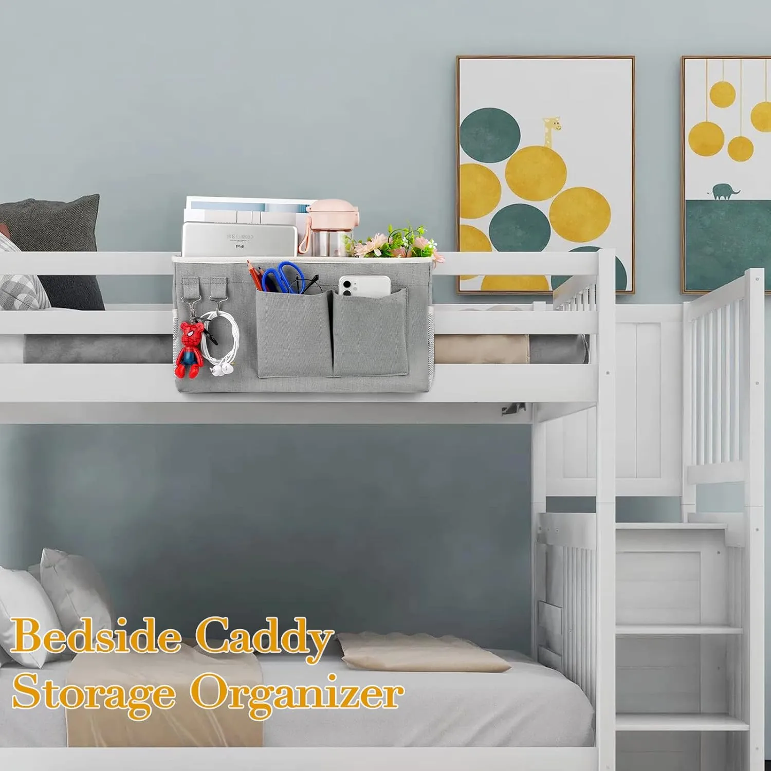 Bedside Storage Caddy/Bedside Hanging Storage Bag for Headboards Bunk Beds Dorm Rooms Book Phone Magazine Holder (Grey)