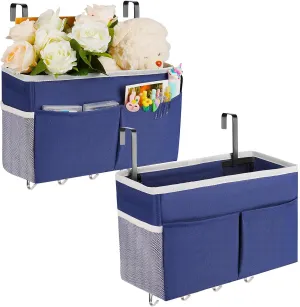 Bedside Storage Organizer 5 Pockets with 4 Hooks Hanging Storage Bag for Headboards/Bunk Bed (2Pack Dark Blue)