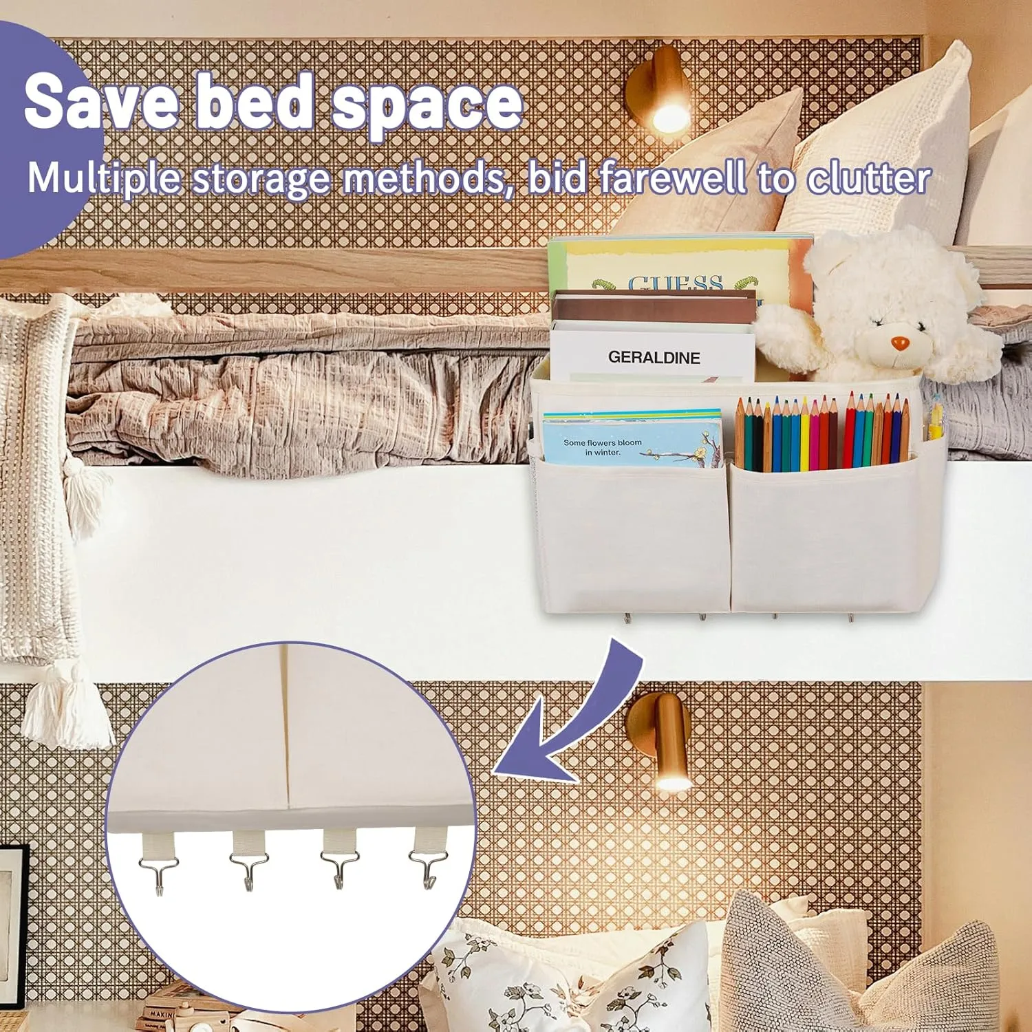 Bedside Storage Organizer 5 Pockets with 4 Hooks Hanging Storage Bag for Headboards/Bunk Bed (2Pack White)
