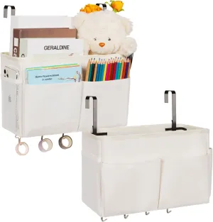 Bedside Storage Organizer 5 Pockets with 4 Hooks Hanging Storage Bag for Headboards/Bunk Bed (2Pack White)