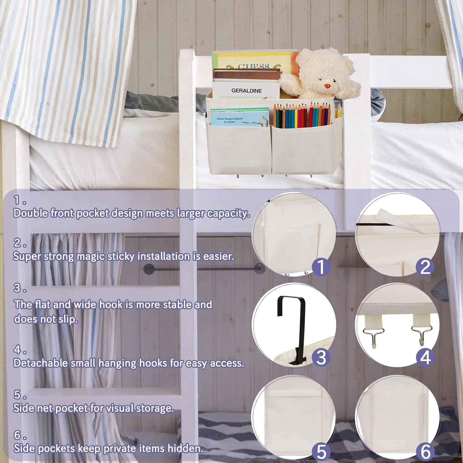 Bedside Storage Organizer 5 Pockets with 4 Hooks Hanging Storage Bag for Headboards/Bunk Bed (2Pack White)