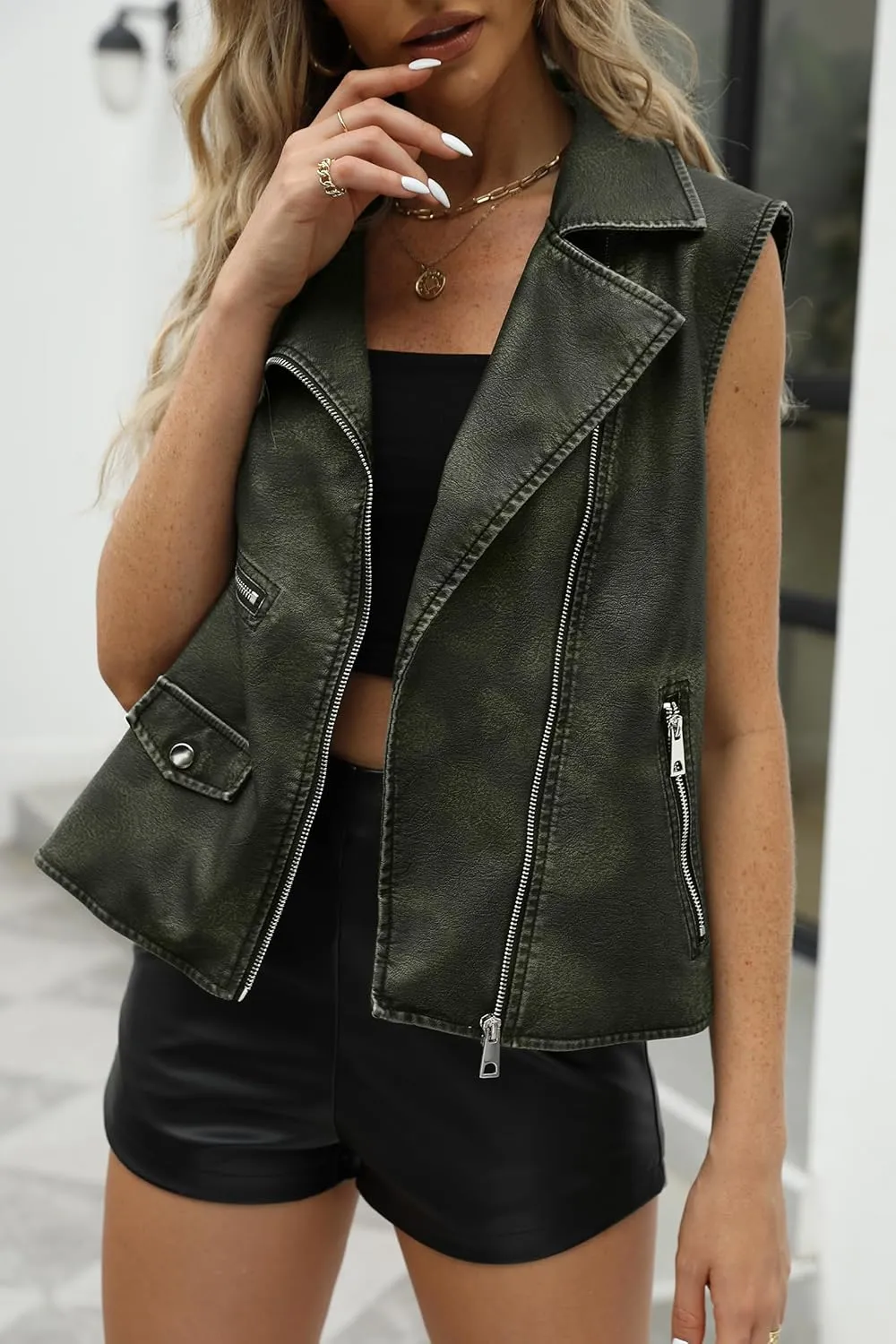 Bellivera Women Faux Leather Motorcycle Jacket Trendy Moto Biker Casual Spring Coat
