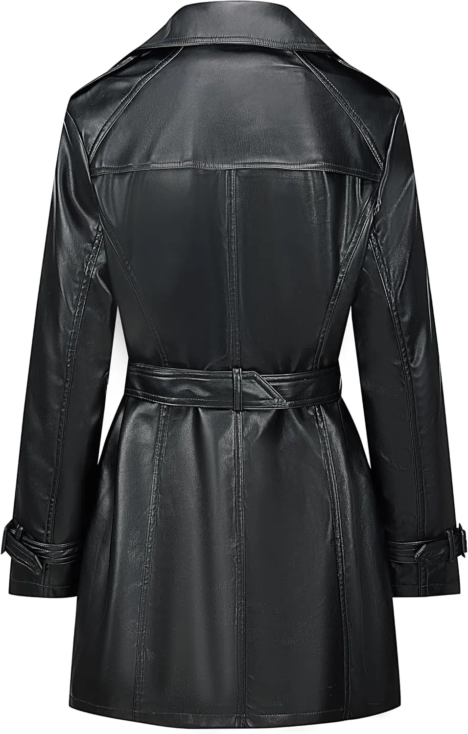 Bellivera Women Trench Coat Long Loose Jacket Faux PU Leather Oversize Classic Lapel Overcoat with Belt