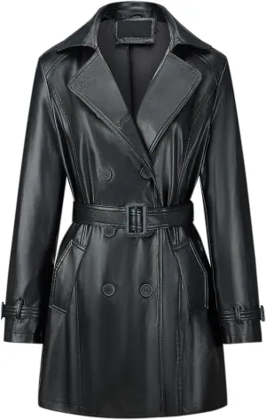 Bellivera Women Trench Coat Long Loose Jacket Faux PU Leather Oversize Classic Lapel Overcoat with Belt
