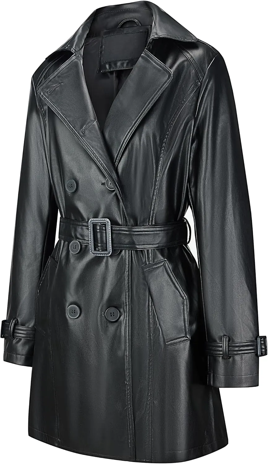 Bellivera Women Trench Coat Long Loose Jacket Faux PU Leather Oversize Classic Lapel Overcoat with Belt
