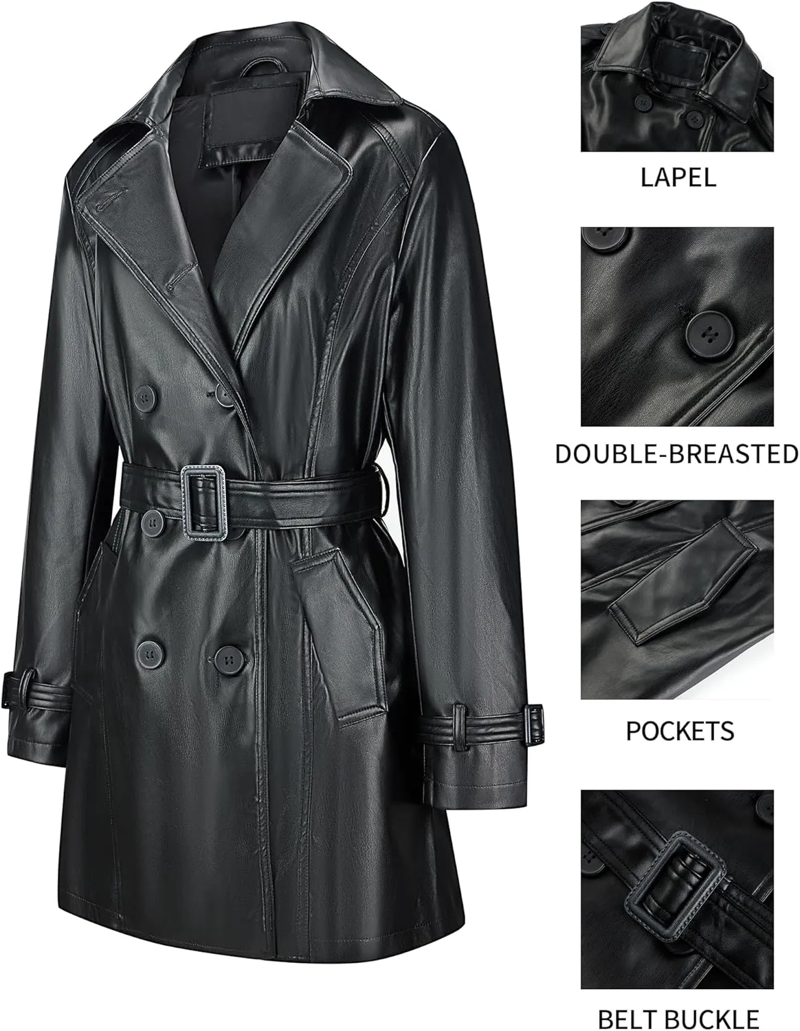 Bellivera Women Trench Coat Long Loose Jacket Faux PU Leather Oversize Classic Lapel Overcoat with Belt
