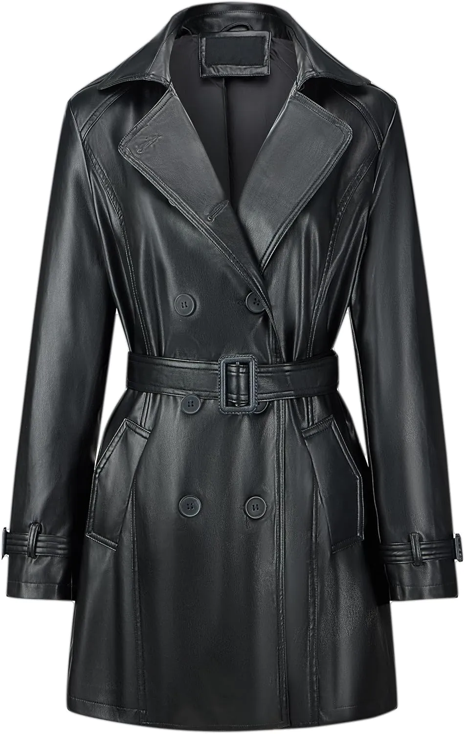 Bellivera Women Trench Coat Long Loose Jacket Faux PU Leather Oversize Classic Lapel Overcoat with Belt