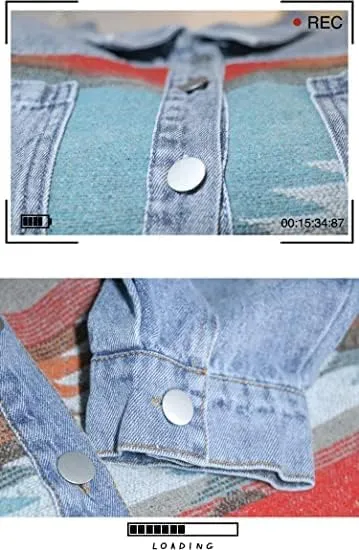 Bengbobar Women's Aztec Denim Jacket Distressed Lapel Long Sleeve Vintage Button Down Denim Jacket Shacket