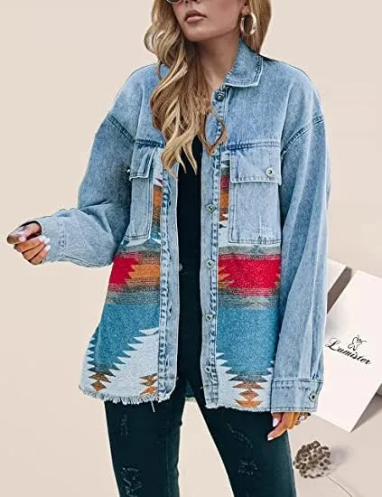 Bengbobar Women's Aztec Denim Jacket Distressed Lapel Long Sleeve Vintage Button Down Denim Jacket Shacket