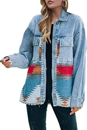 Bengbobar Women's Aztec Denim Jacket Distressed Lapel Long Sleeve Vintage Button Down Denim Jacket Shacket