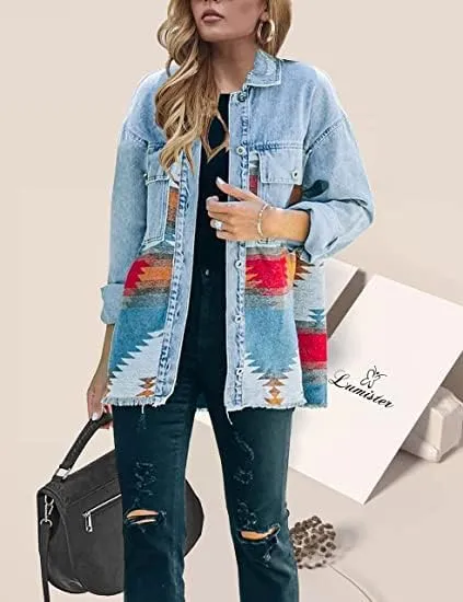 Bengbobar Women's Aztec Denim Jacket Distressed Lapel Long Sleeve Vintage Button Down Denim Jacket Shacket