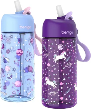 Bentgo Kids Water Bottle 2-Pack - Leak-Proof, Durable Tritan, BPA-Free 15 oz. Cup for Kids/Toddlers Ages 3 , Safe Sip Spout, & Dishwasher Safe for School/Sports/Daycare/Camp (Unicorn/Lavender Galaxy)