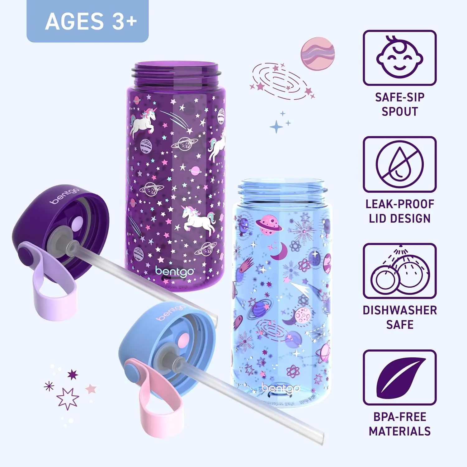 Bentgo Kids Water Bottle 2-Pack - Leak-Proof, Durable Tritan, BPA-Free 15 oz. Cup for Kids/Toddlers Ages 3 , Safe Sip Spout, & Dishwasher Safe for School/Sports/Daycare/Camp (Unicorn/Lavender Galaxy)