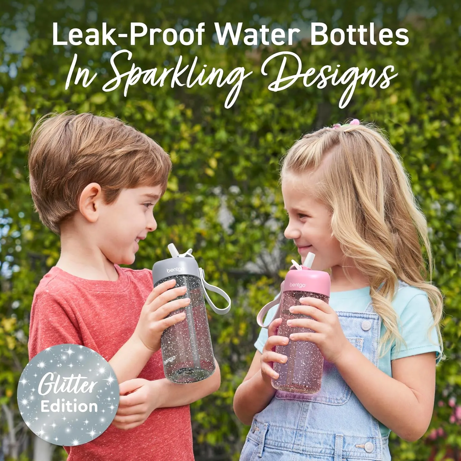 Bentgo Kids Water Bottle - Leak-Proof, Durable Tritan, BPA-Free 15 oz. Cup for Kids/Toddlers Ages 3 , Safe Sip Spout, Carrying Handle, & Dishwasher Safe for School (Glitter Edition - Silver)