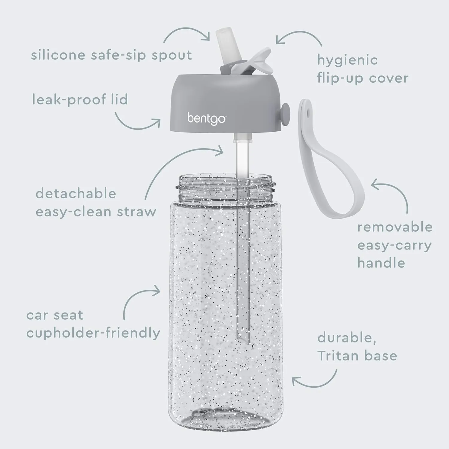 Bentgo Kids Water Bottle - Leak-Proof, Durable Tritan, BPA-Free 15 oz. Cup for Kids/Toddlers Ages 3 , Safe Sip Spout, Carrying Handle, & Dishwasher Safe for School (Glitter Edition - Silver)