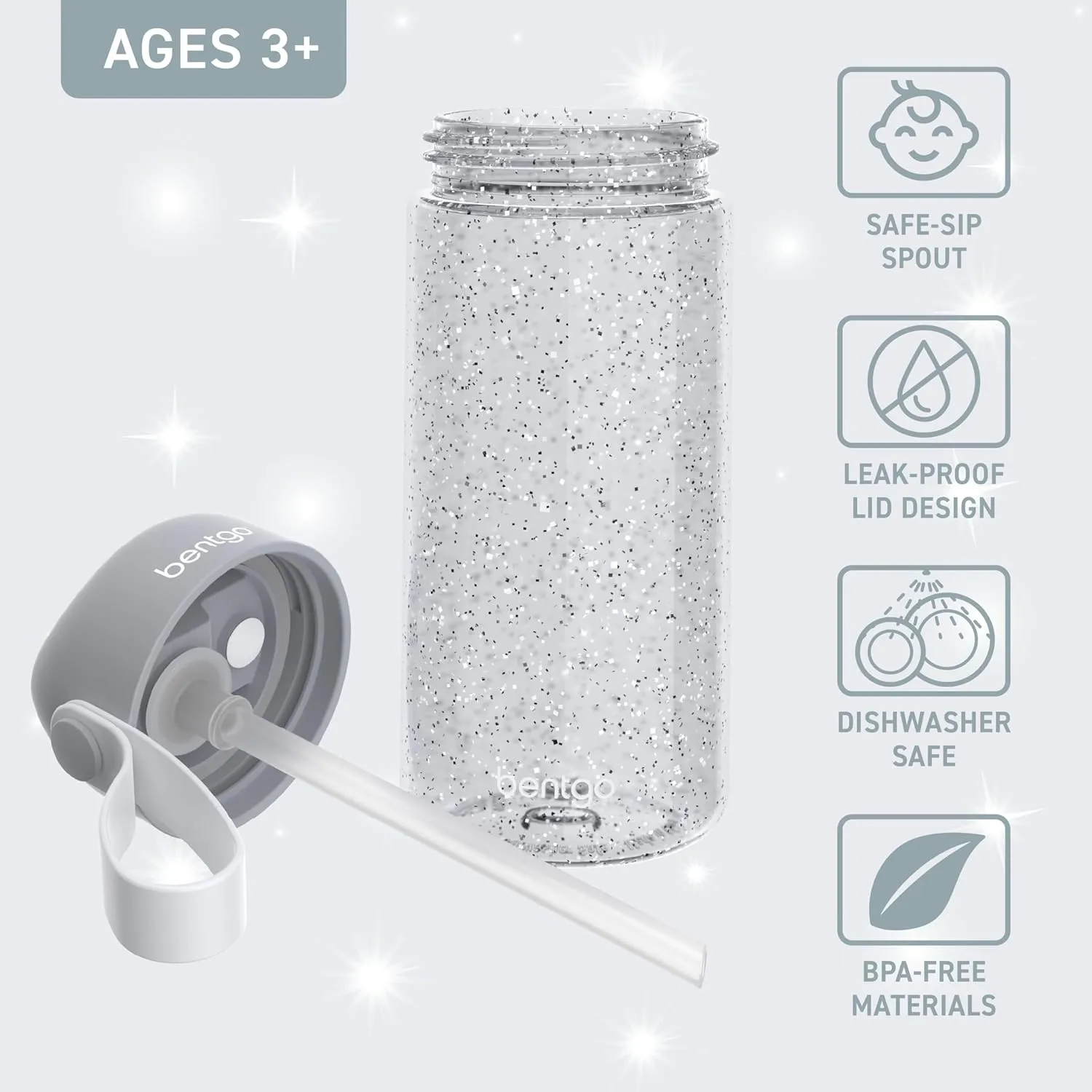 Bentgo Kids Water Bottle - Leak-Proof, Durable Tritan, BPA-Free 15 oz. Cup for Kids/Toddlers Ages 3 , Safe Sip Spout, Carrying Handle, & Dishwasher Safe for School (Glitter Edition - Silver)