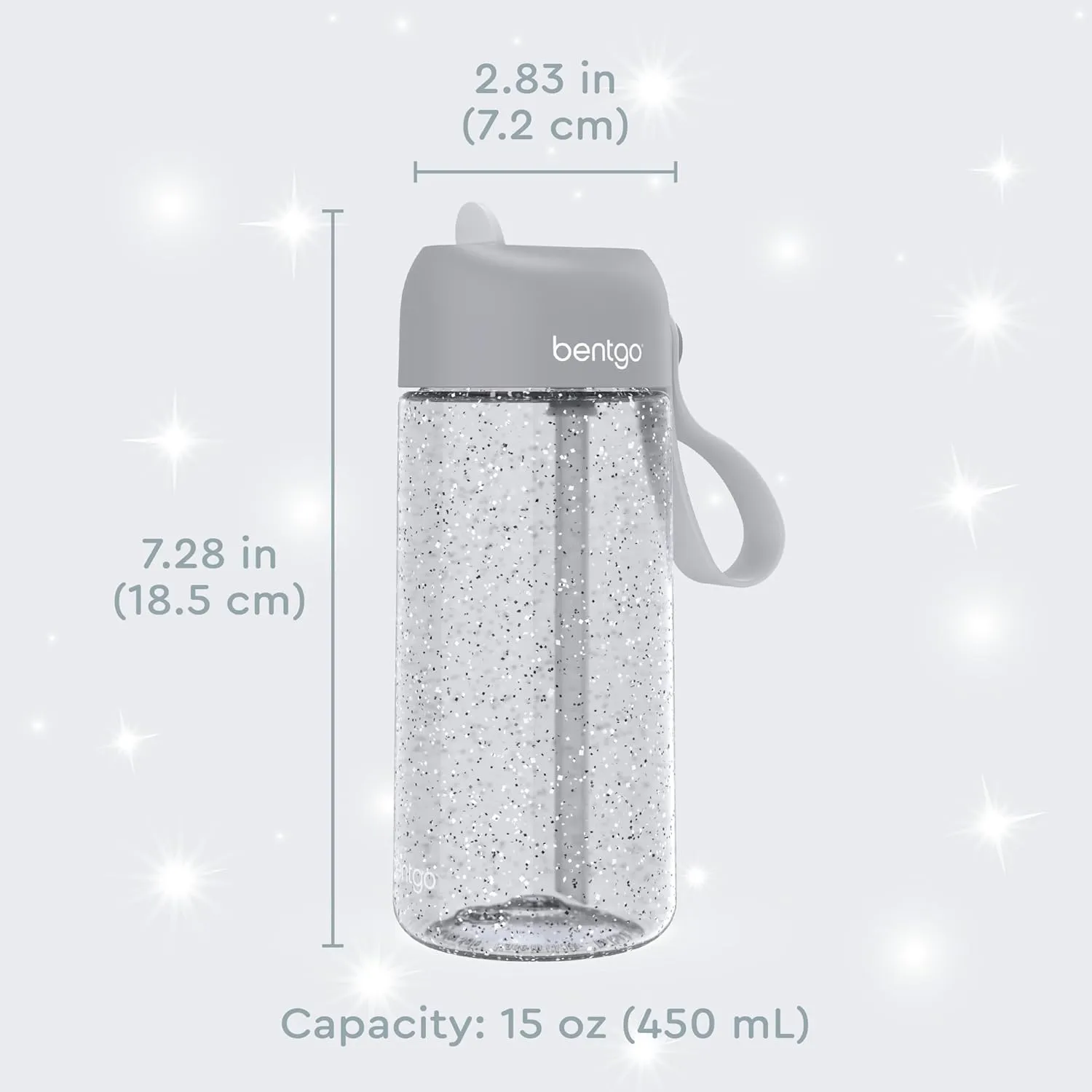 Bentgo Kids Water Bottle - Leak-Proof, Durable Tritan, BPA-Free 15 oz. Cup for Kids/Toddlers Ages 3 , Safe Sip Spout, Carrying Handle, & Dishwasher Safe for School (Glitter Edition - Silver)