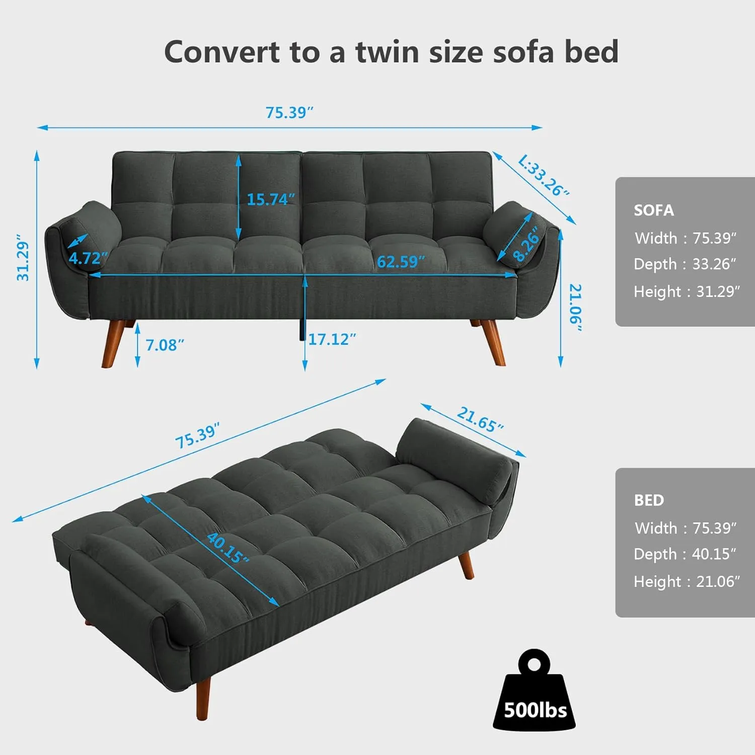 Betoko Convertible Futon Sofa Bed Sleeper Twin Size, Modern Reclining Linen Split Back Sofa Couch with Pillow Top Arm for Compact Living Room,Apartment (Dark Grey)
