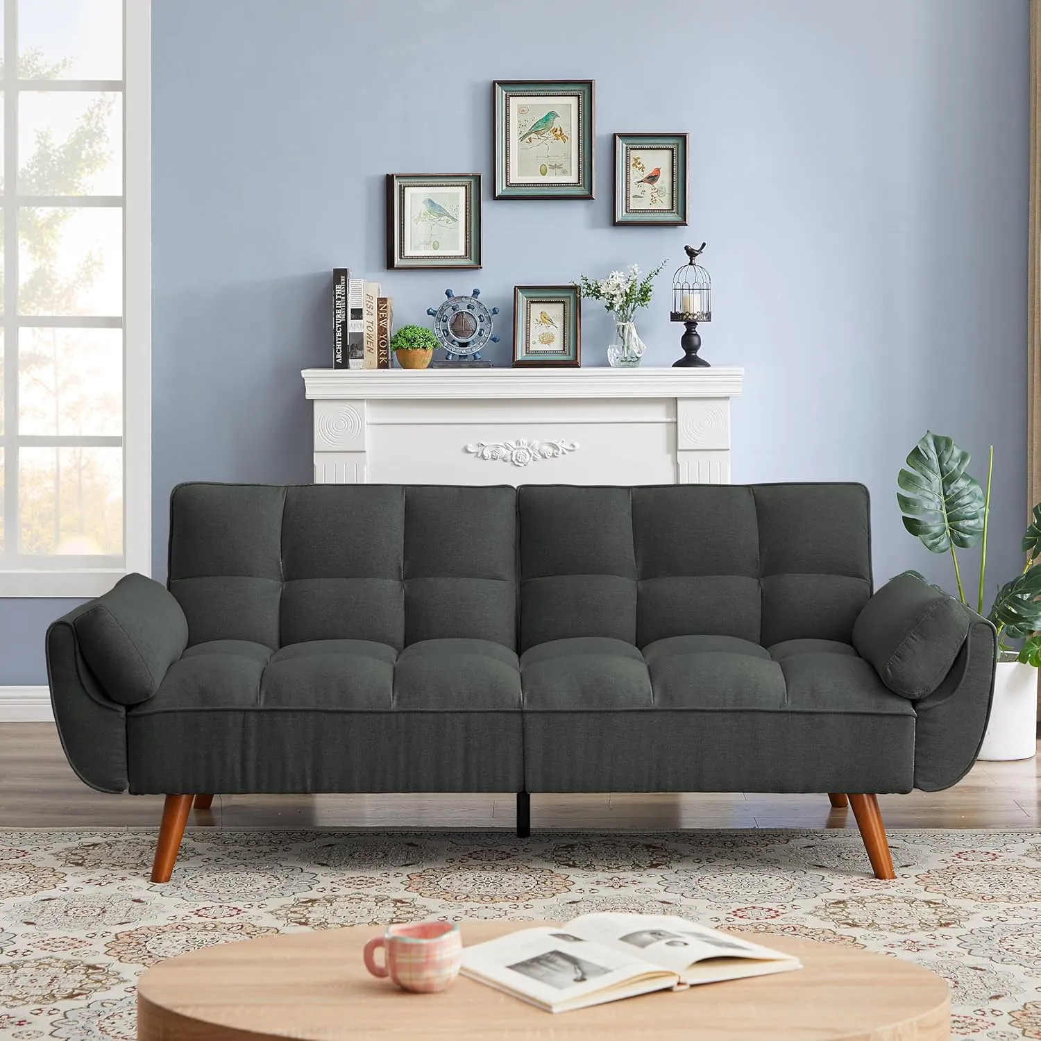 Betoko Convertible Futon Sofa Bed Sleeper Twin Size, Modern Reclining Linen Split Back Sofa Couch with Pillow Top Arm for Compact Living Room,Apartment (Dark Grey)