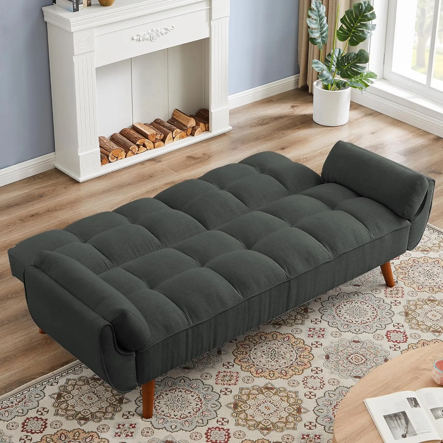 Betoko Convertible Futon Sofa Bed Sleeper Twin Size, Modern Reclining Linen Split Back Sofa Couch with Pillow Top Arm for Compact Living Room,Apartment (Dark Grey)
