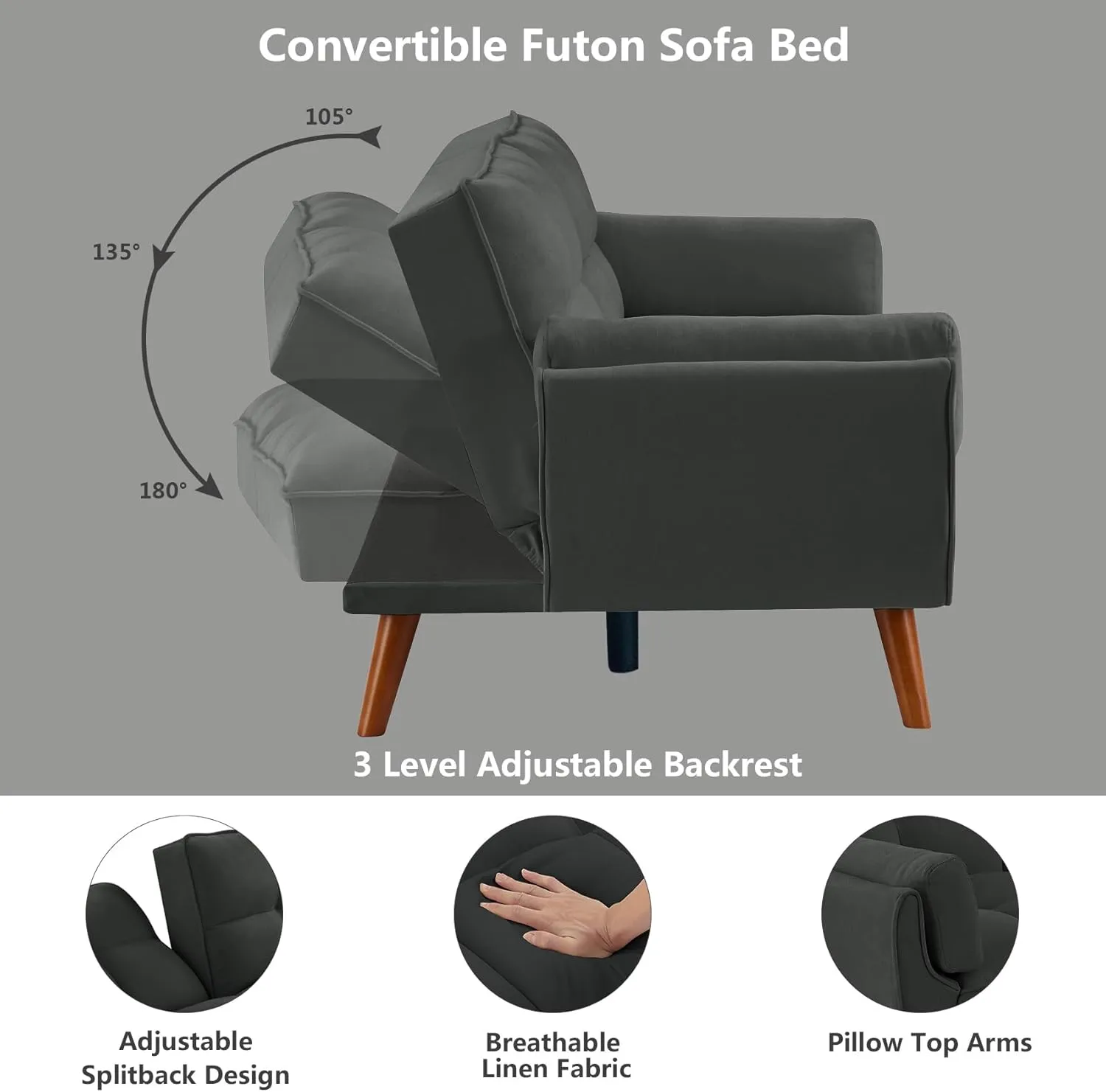 Betoko Convertible Futon Sofa Bed Sleeper Twin Size, Modern Reclining Linen Split Back Sofa Couch with Pillow Top Arm for Compact Living Room,Apartment (Dark Grey)
