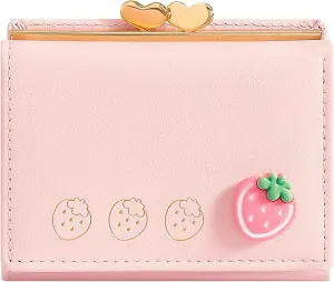 BIAOTIE Cute Juicy Couture Wallet PU Leather Small Wallet Card Holder Trifold Wallet for Women with ID Window (Cherry Blossom Pink)
