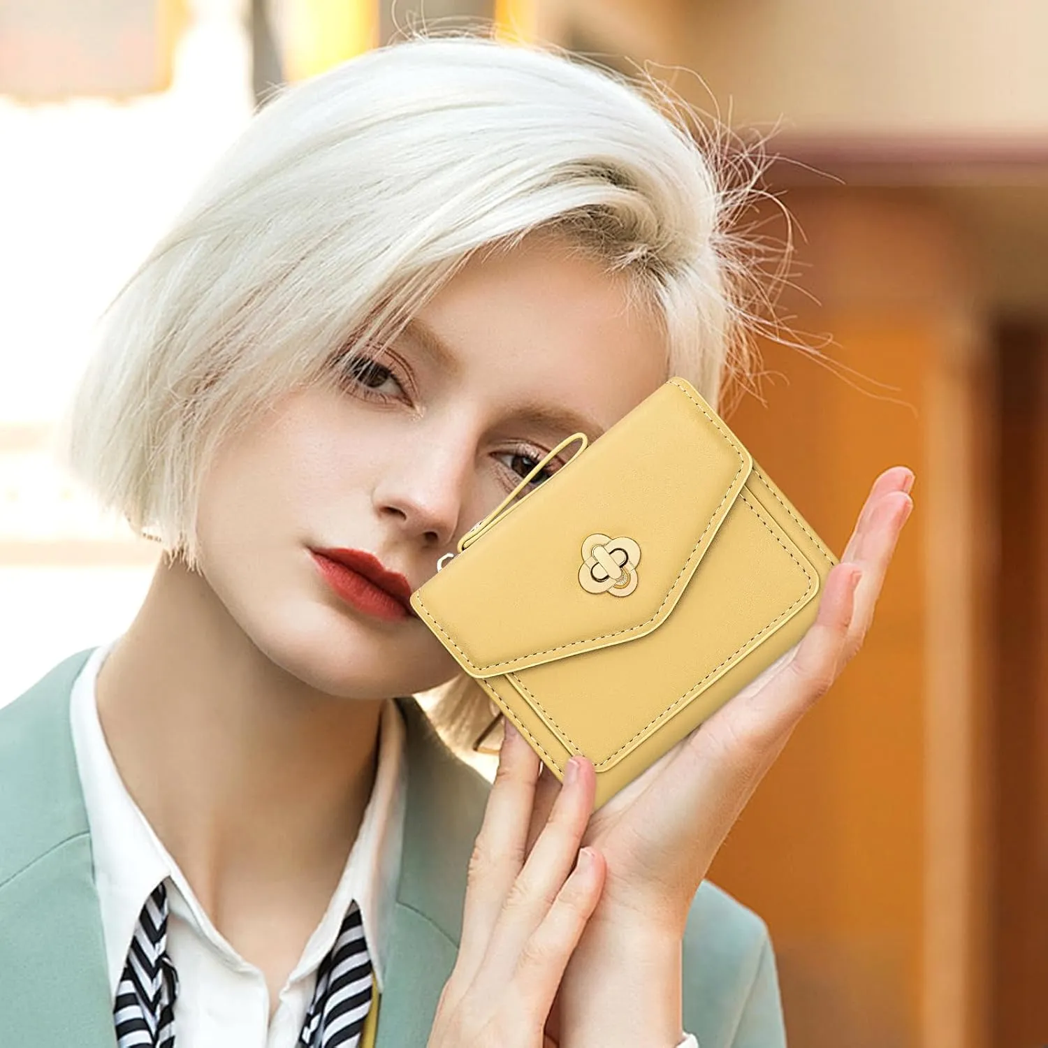 BIAOTIE Small Wallet for Women Leather Bifold Pocket Wallet RFID Blocking Credit Card Holder Cute Purse with Zipper Coin Pocket (Yellow)