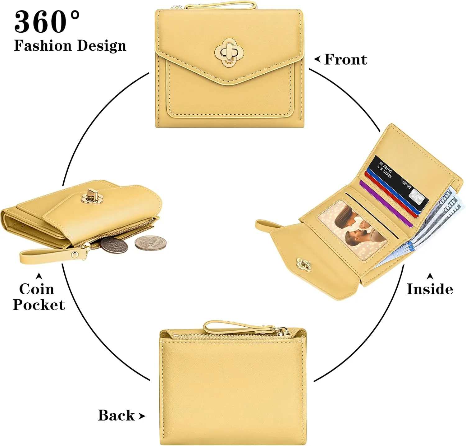 BIAOTIE Small Wallet for Women Leather Bifold Pocket Wallet RFID Blocking Credit Card Holder Cute Purse with Zipper Coin Pocket (Yellow)