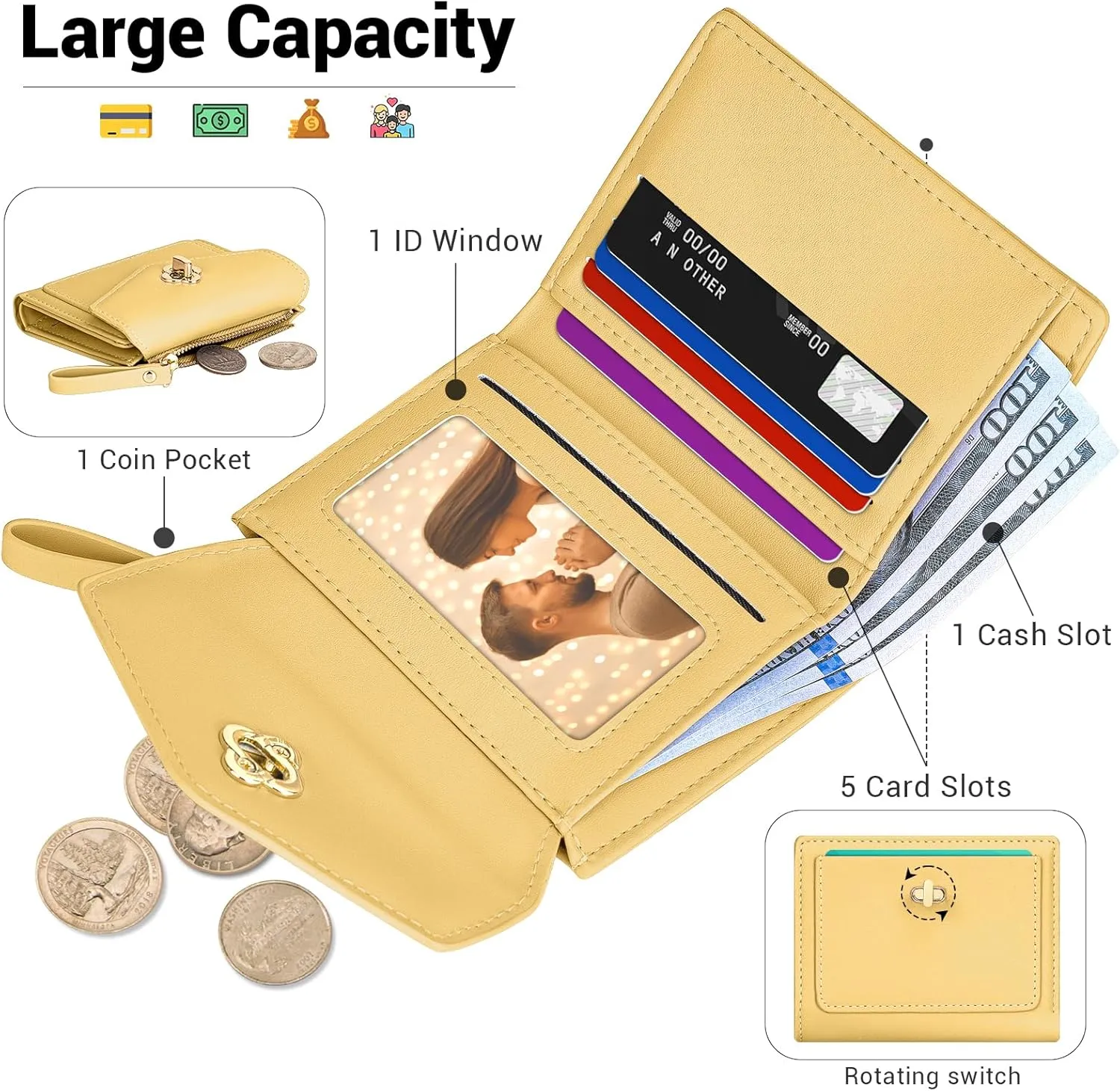 BIAOTIE Small Wallet for Women Leather Bifold Pocket Wallet RFID Blocking Credit Card Holder Cute Purse with Zipper Coin Pocket (Yellow)