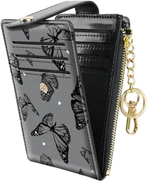 Bifold Wallet RFID Credit Card Wallet Card Holder for Women or Men with Keychain Zipper Pocket,Black Butterflies
