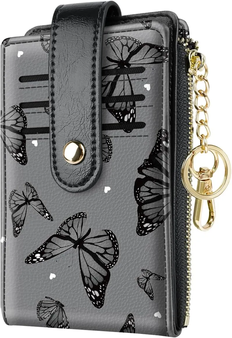 Bifold Wallet RFID Credit Card Wallet Card Holder for Women or Men with Keychain Zipper Pocket,Black Butterflies