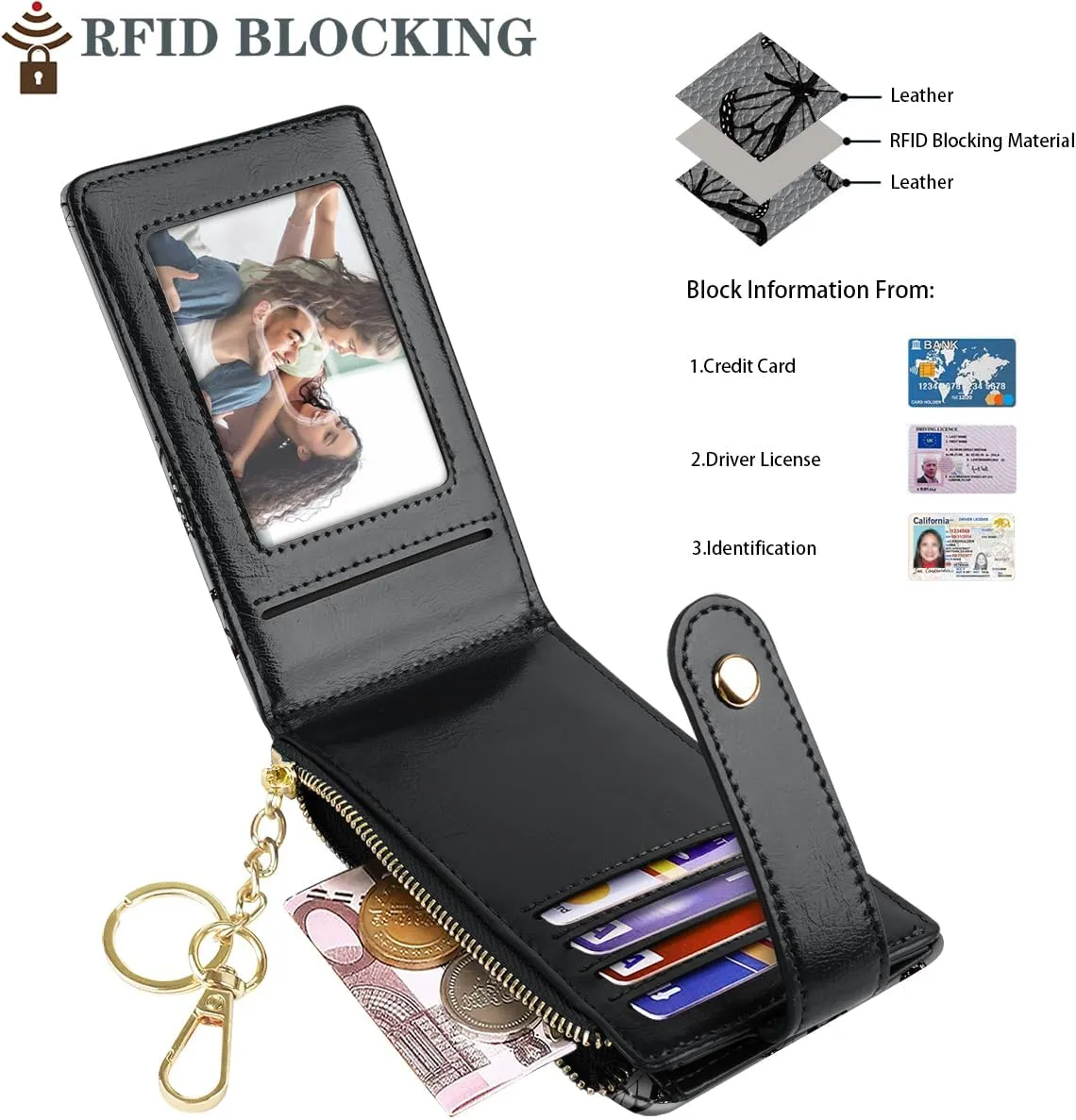 Bifold Wallet RFID Credit Card Wallet Card Holder for Women or Men with Keychain Zipper Pocket,Black Butterflies