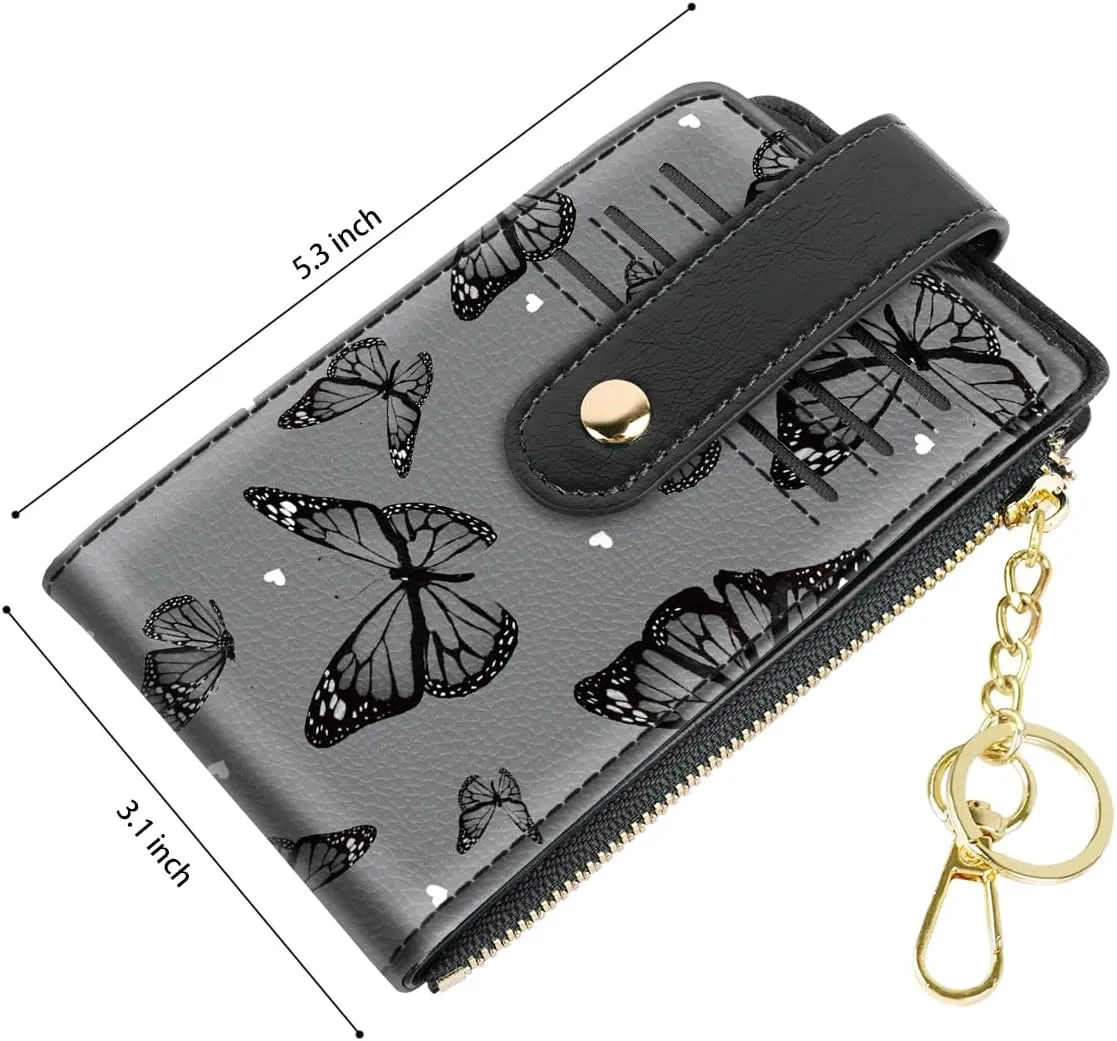 Bifold Wallet RFID Credit Card Wallet Card Holder for Women or Men with Keychain Zipper Pocket,Black Butterflies