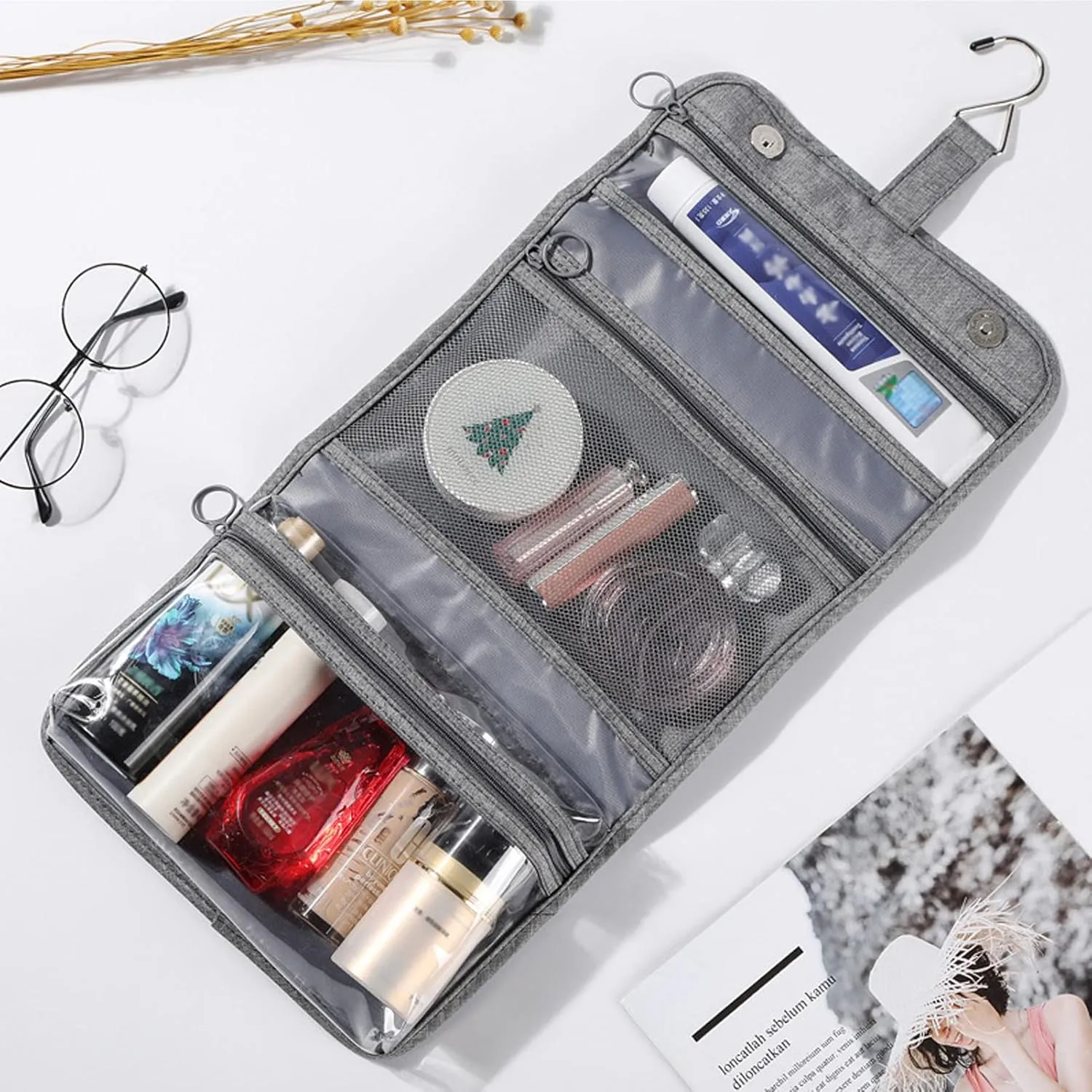 Big Hippo Toiletry Bag, Hanging Toiletry Travel Organizer Travel Bag for Men & Women, Water-resistant Makeup Cosmetic Bag (Gray)