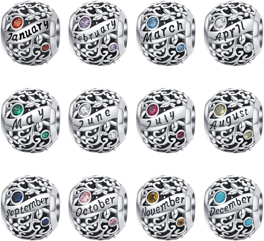 Birthstone Charms for Charms Bracelet- 925 Sterling Silver Bead Flower Openwork Charms for Bracelet and Necklace