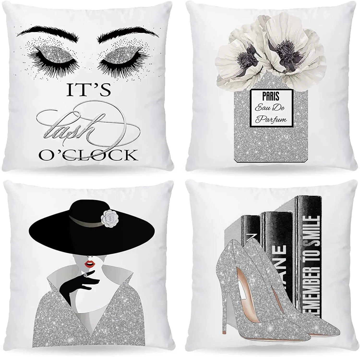 Black and Silver Decorative Throw Pillows Covers 18x18 Set of 4 for Bedroom Decor Aesthetic Black Eyelash Pillow Covers with Fashion Women Bling Perfume High Heels Sayings Girly Decor