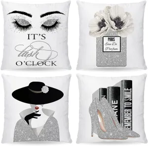 Black and Silver Decorative Throw Pillows Covers 18x18 Set of 4 for Bedroom Decor Aesthetic Black Eyelash Pillow Covers with Fashion Women Bling Perfume High Heels Sayings Girly Decor