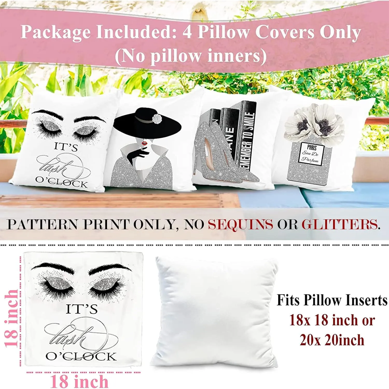 Black and Silver Decorative Throw Pillows Covers 18x18 Set of 4 for Bedroom Decor Aesthetic Black Eyelash Pillow Covers with Fashion Women Bling Perfume High Heels Sayings Girly Decor